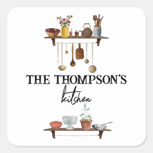  Waterverf keukengerei met retro Vierkante Sticker (Voorkant)