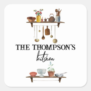 Waterverf keukengerei met retro Vierkante Sticker