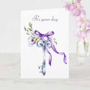 Waterverf Key en Flowers Birthday Card Kaart