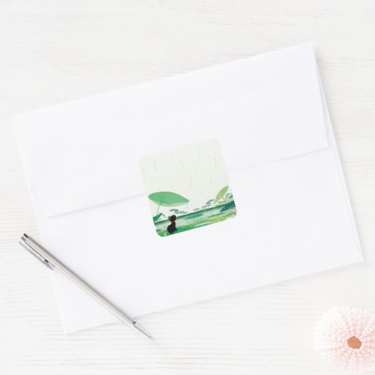 Waterverf kikker in de regen vierkante sticker (Envelop)
