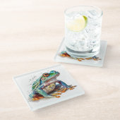 Waterverf kikker met juweeltint glazen onderzetter (Schuin)