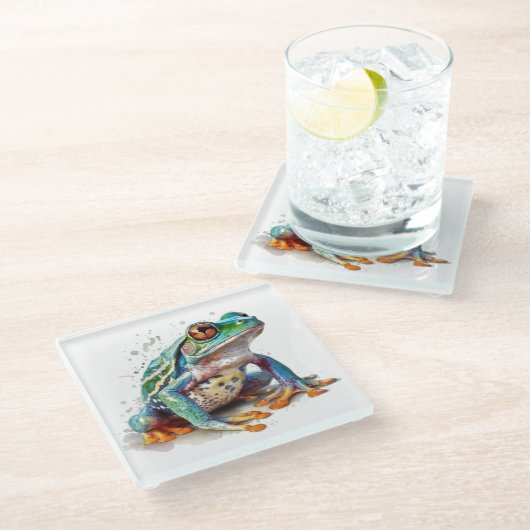 Waterverf kikker met juweeltint glazen onderzetter (Schuin)