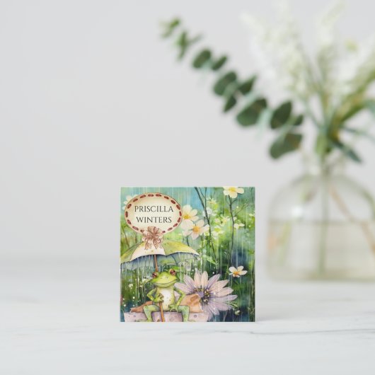 Waterverf Kikker Paraplu Bloemen Vierkante Visitekaartje (Staand voorkant)