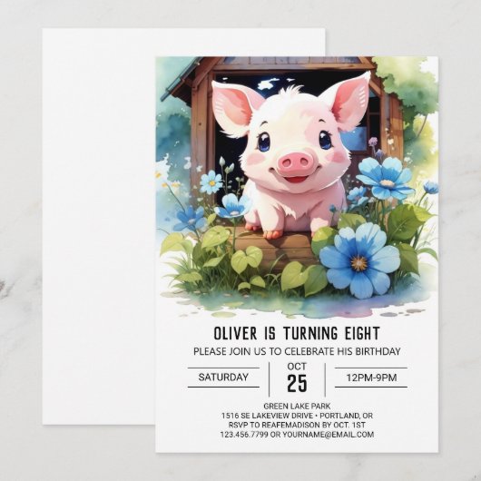 Waterverf Kinderen biggetje Barnyard Verjaardag Kaart (Voorkant / Achterkant)