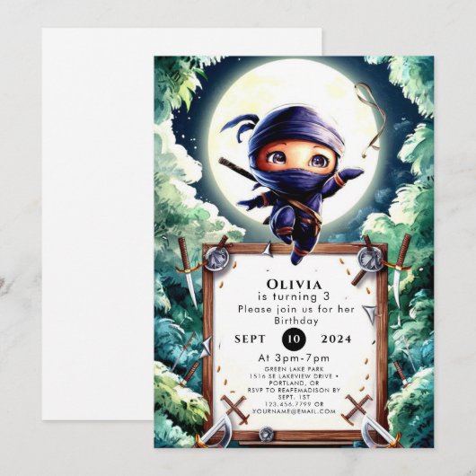 Waterverf Kinderen Ninja Verjaardag Kaart (Voorkant / Achterkant)