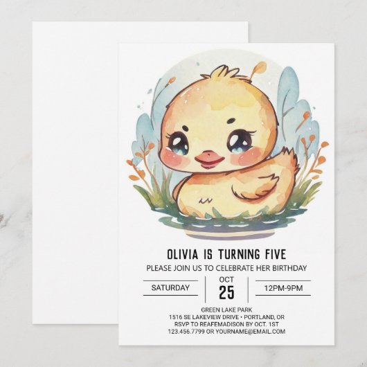 Waterverf Kinderen Pond Duck Verjaardag Kaart (Voorkant / Achterkant)