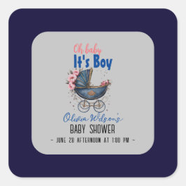  waterverf kinderwagen het is jongen baby shower 2 vierkante sticker