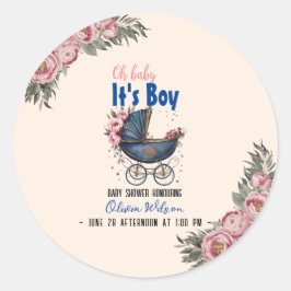  waterverf kinderwagen het is jongen baby shower 4 ronde sticker