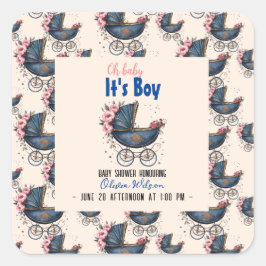  waterverf kinderwagen het is jongen baby shower 4 vierkante sticker
