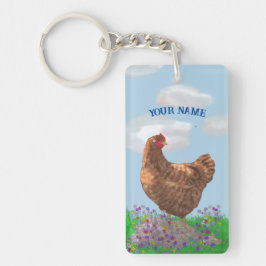 Waterverf Kip en Wildbloemen Sleutelhanger