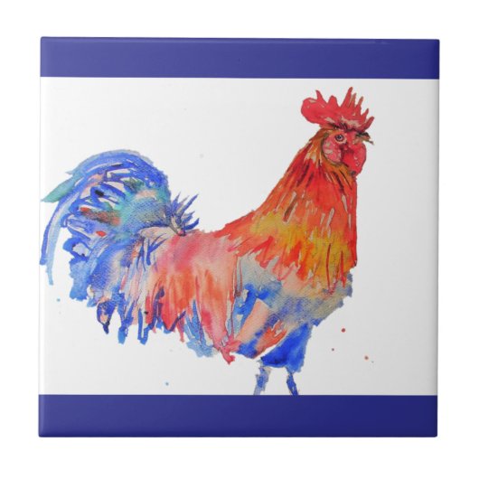 Waterverf Kip Rooster Rood Geel Blauw Tegeltje (Voorkant)