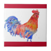 Waterverf Kip Rooster Rood Geel Blauw Tegeltje (Voorkant)