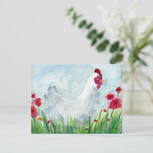Waterverf kippen en bloemen briefkaart (Staand voorkant)