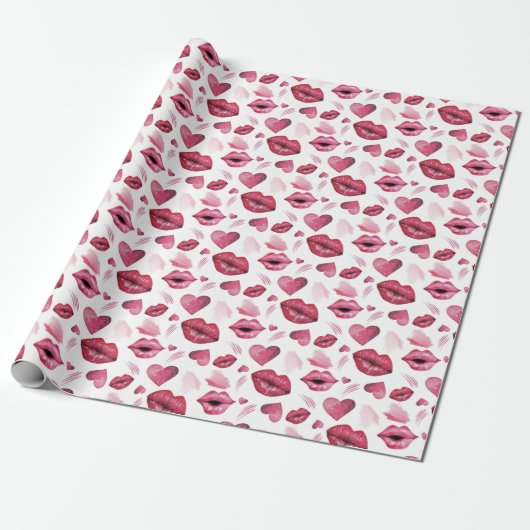 Waterverf Kisses en Hearts Pattern Cadeaupapier (Uitgerold)