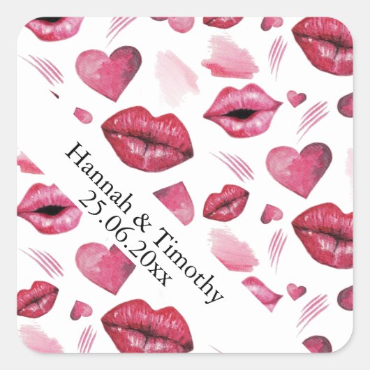 Waterverf Kisses en Hearts Pattern Vierkante Sticker (Voorkant)