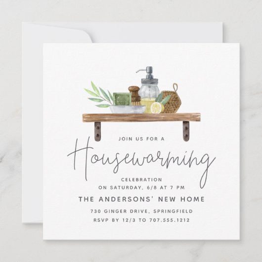Waterverf Kitchen Shelf Housewarming Party Kaart (Voorkant)