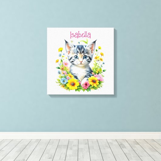 Waterverf Kitten Bloemen Gepersonaliseerd Canvas Afdruk (Insitu (Houten vloer))