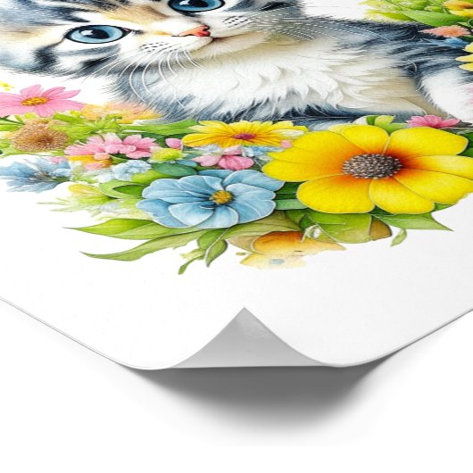 Waterverf Kitten Bloemen Gepersonaliseerd Poster (Hoek)