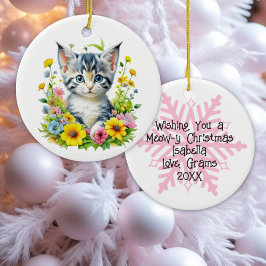 Waterverf Kitten Bloemen Gepersonaliseerde Kerstmi Keramisch Ornament