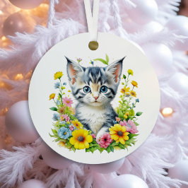 Waterverf Kitten Bloemen Gepersonaliseerde Kerstmi Metalen Ornament