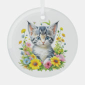 Waterverf Kitten Bloemen Kerstmis Glas Ornament (Voorkant)