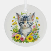 Waterverf Kitten Bloemen Kerstmis Glas Ornament (Achterkant)