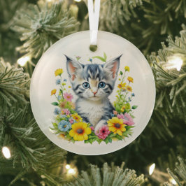 Waterverf Kitten Bloemen Kerstmis Glas Ornament