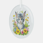 Waterverf Kitten Bloemen Kerstmis Glas Ornament (Voorkant links)