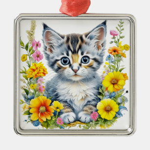 Waterverf Kitten Bloemen Kerstmis Metalen Ornament