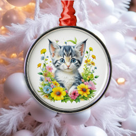 Waterverf Kitten Bloemen Kerstmis Metalen Ornament