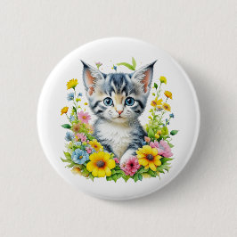 Waterverf Kitten Bloemen Kerstmis Ronde Button 5,7 Cm