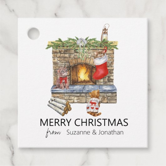 Waterverf Kitten Cat Fireplace Kerstmis Bedankjes Labels (Voorkant)