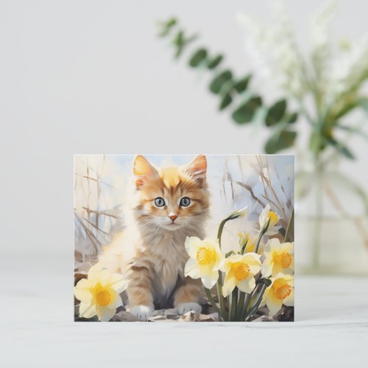 Waterverf Kitten en Daffodils Briefkaart (Staand voorkant)