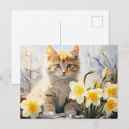 Waterverf Kitten en Daffodils Briefkaart (Voorkant / Achterkant)