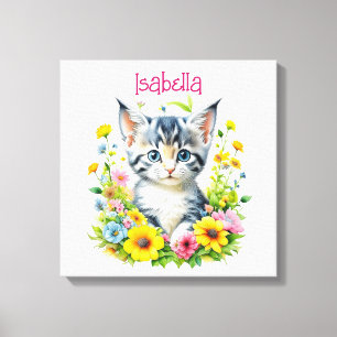 Waterverf Kitten Flowers gepersonaliseerd Canvas Afdruk