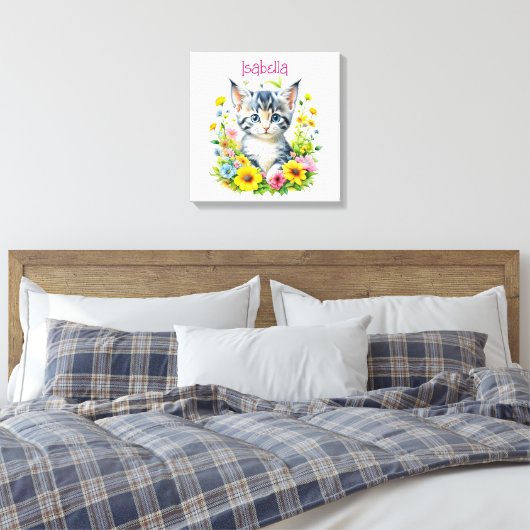 Waterverf Kitten Flowers gepersonaliseerd Canvas Afdruk (Insitu (Slaapkamer))