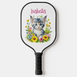 Waterverf Kitten Flowers gepersonaliseerd Pickleball Paddle