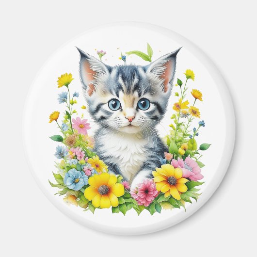 Waterverf Kitten Flowers Kerst Magneet (Voorkant)