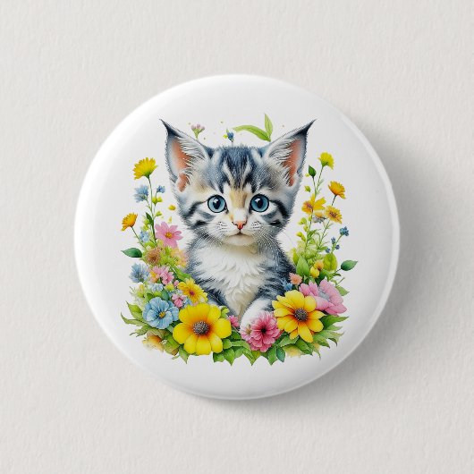 Waterverf Kitten Flowers Kerst Ronde Button 5,7 Cm (Voorkant)