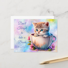 Waterverf Kitten in een teacup kleurrijke kat Briefkaart