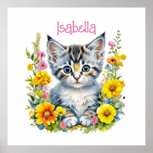 Waterverf Kitten in Flowers Gepersonaliseerd Poster
