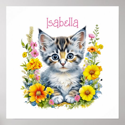 Waterverf Kitten in Flowers Gepersonaliseerd Poster (Voorkant)