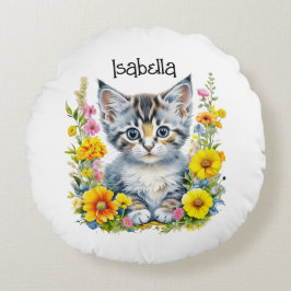 Waterverf Kitten in Flowers Gepersonaliseerd Rond Kussen
