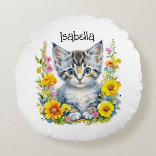 Waterverf Kitten in Flowers Gepersonaliseerd Rond Kussen