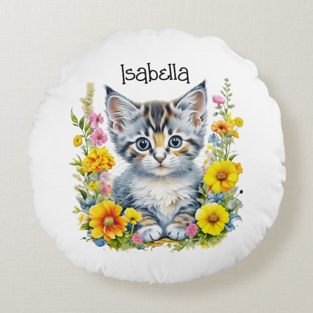 Waterverf Kitten in Flowers Gepersonaliseerd Rond Kussen (Voorkant)