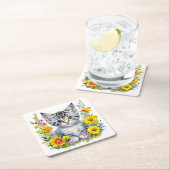 Waterverf Kitten in geel en roze bloemen Kartonnen Onderzetters (Insitu)