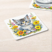 Waterverf Kitten in geel en roze bloemen Kartonnen Onderzetters (Schuin)