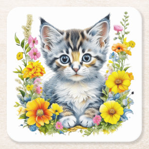 Waterverf Kitten in geel en roze bloemen Kartonnen Onderzetters
