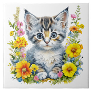 Waterverf Kitten in geel en roze bloemen Tegeltje