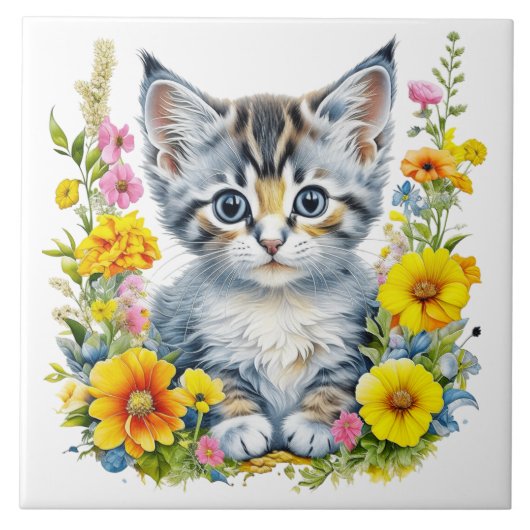 Waterverf Kitten in geel en roze bloemen Tegeltje (Voorkant)